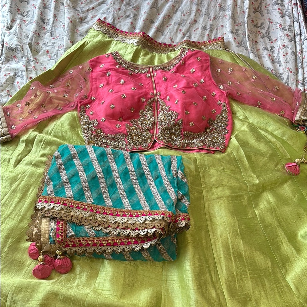 Pink and Green Embroidered Lehenga Set